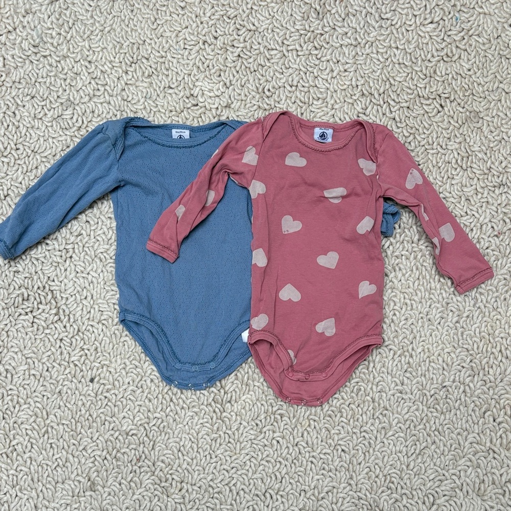 Petit Bateau Blue and Pink Heart Bodysuits